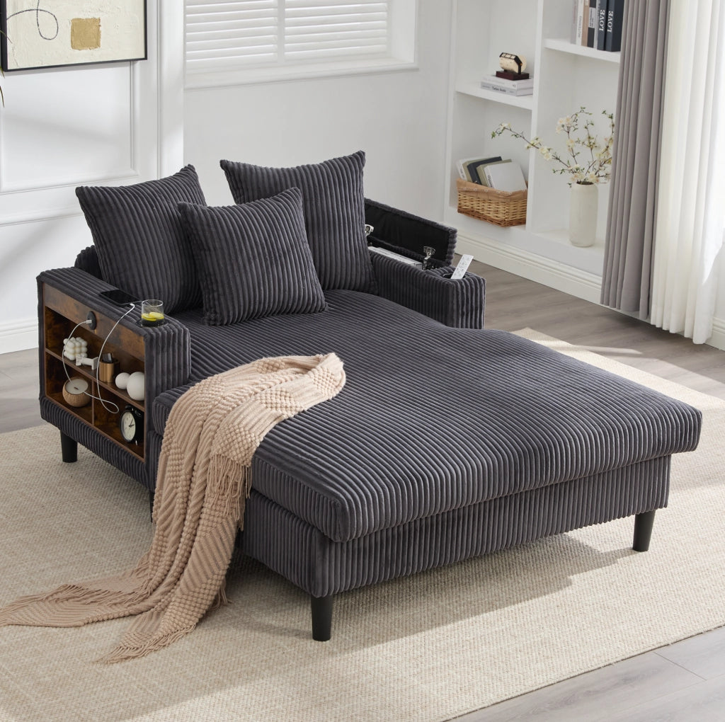 Chaise longue 170x129x70 cm grigio scuro con LED, USB e vano contenitore