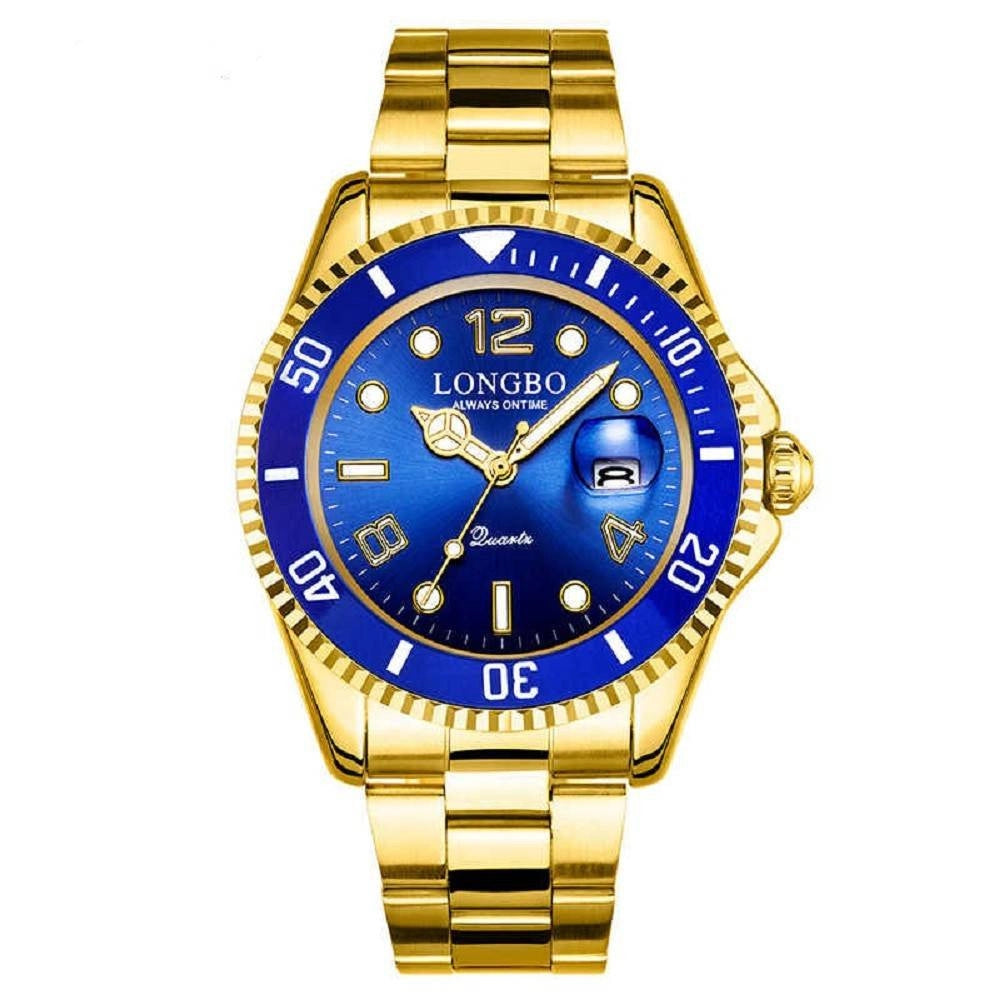 Trade Shop - Orologio Da Polso Longbo 80430g Uomo Quarzo Impermeabile Data Elegante Dorato Blu -
