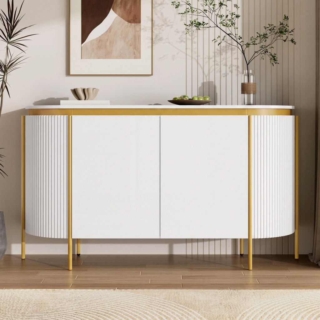 Credenza da 4 ante, mobile da ingresso, in MDF, con gambe in metallo, angoli arrotondati, colore bianco