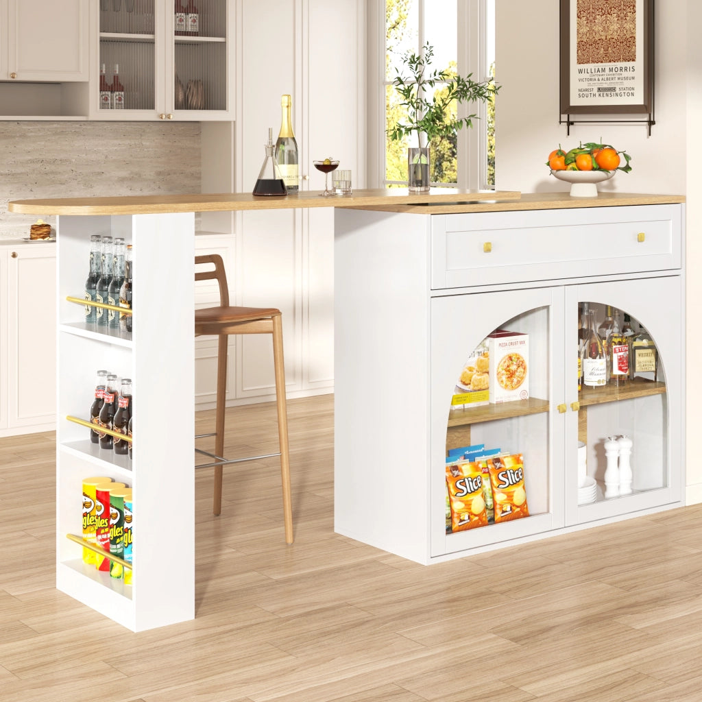 Tavolo da Pranzo con Scaffale a 3 Livelli; Ante in Vetro e Rotazione 360; in MDF; 138-204x39x104 cm; Bianco