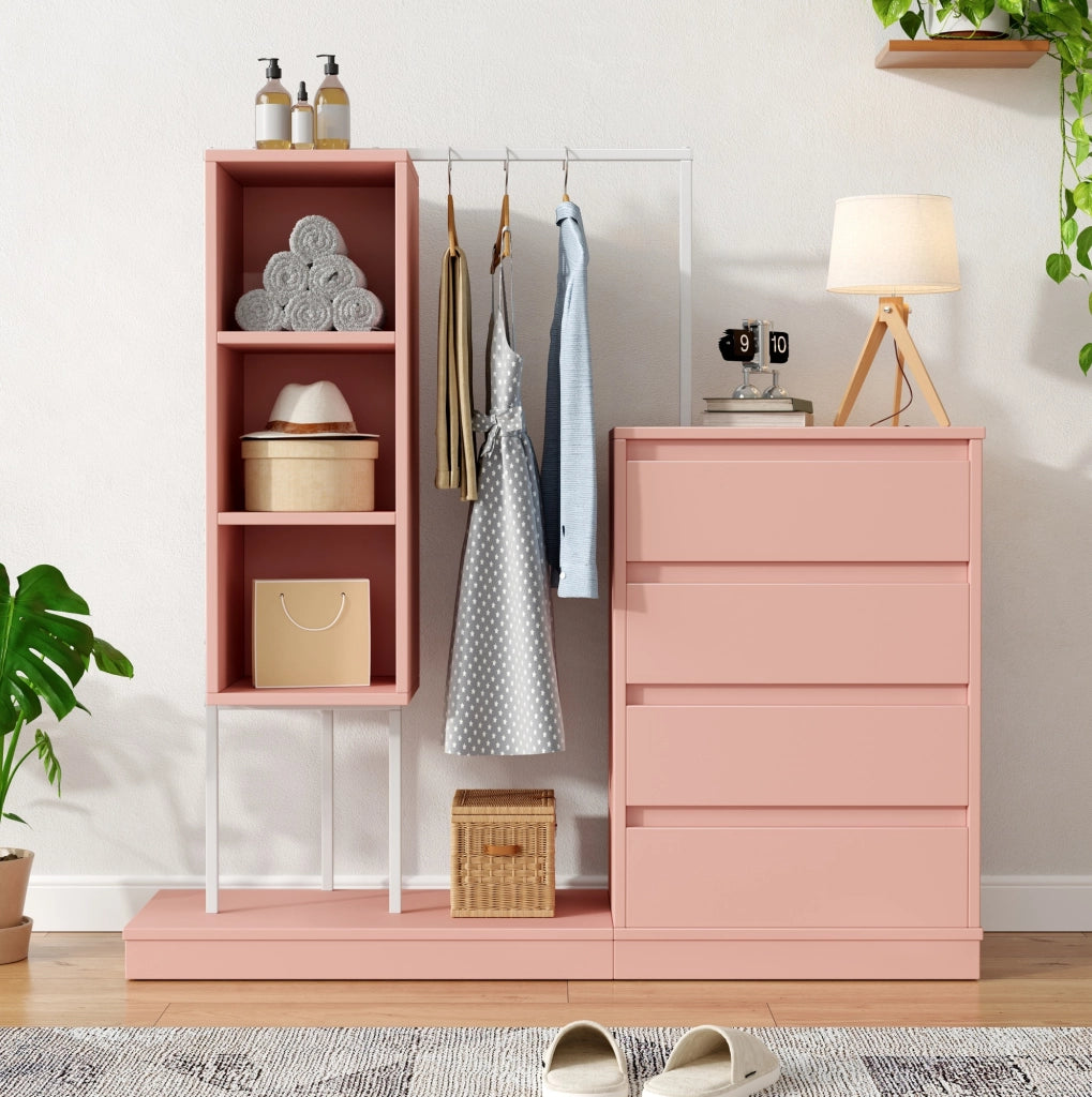 Mobile guardaroba con 4 cassetti e appendiabiti; 100 x 40 x 135 cm; rosa