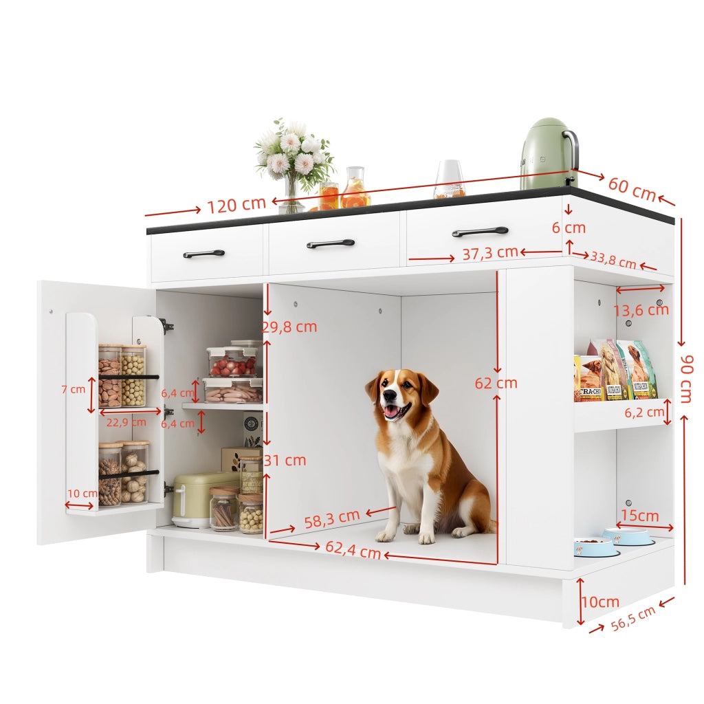 Carrello da Cucina con 3 Cassetti; Porta Spezie; Ripiano Regolabile e Vano Aperto; in MDF; Bianco