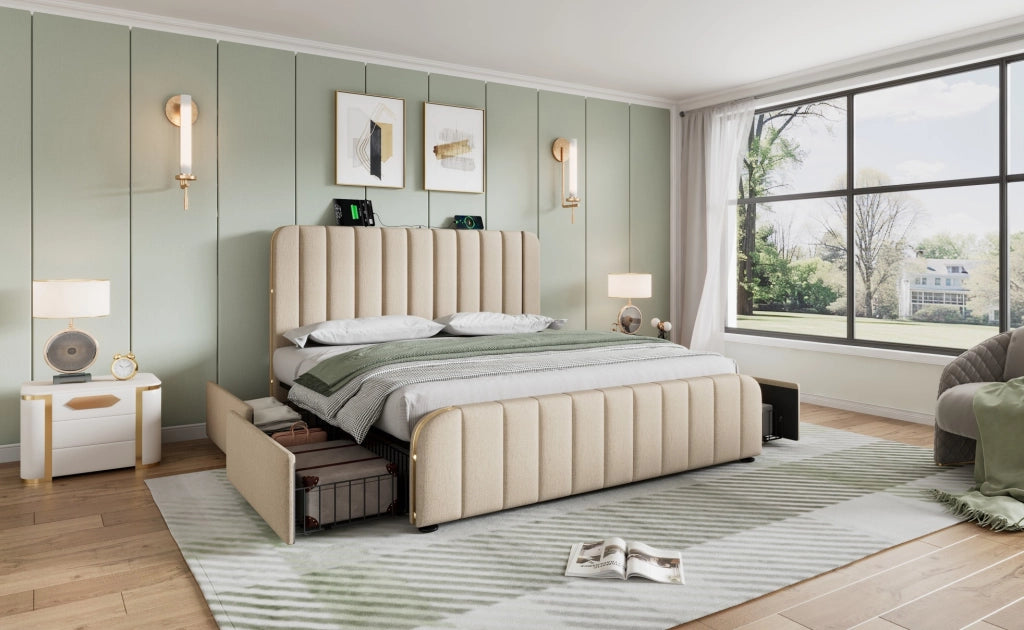 Letto 160x200 cm in lino grigio con USB， LED e contenitore