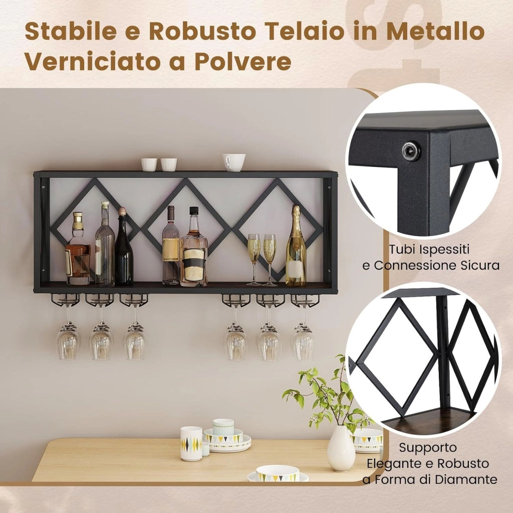 Portabottiglie da Parete, Scaffale per Esposizione di Vino con Striscia LED a 16 Colori, 6 File di Portabicchieri, Scaffale per Conservare 39 Bottiglie e 12 Bicchieri, 51 x 26,5 x 60 cm