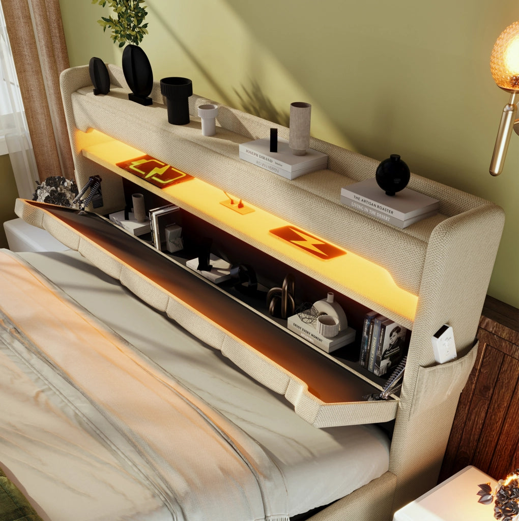 Letto matrimoniale 140x200 cm in lino beige con contenitore idraulico; LED 360掳 e testiera con porte USB e Type-C