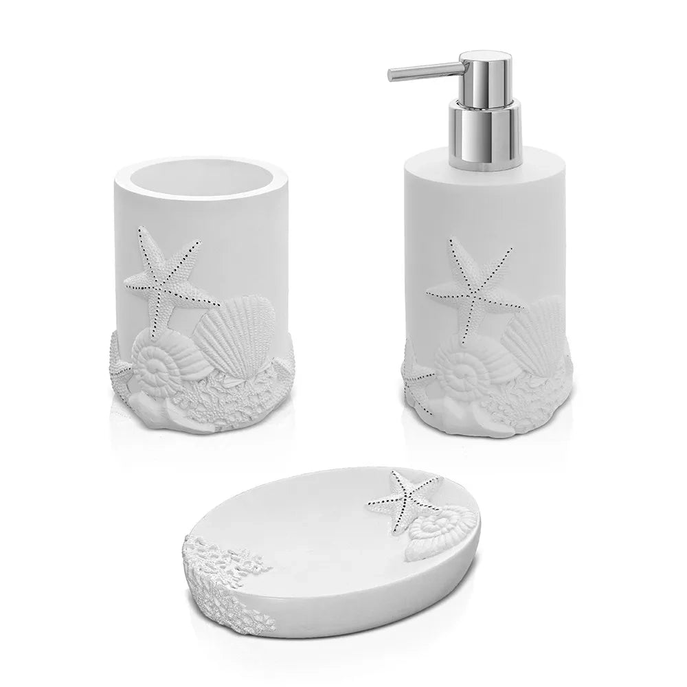 Set accessori bagno 3 pezzi da appoggio in resina bianco con decoro marino  Coral