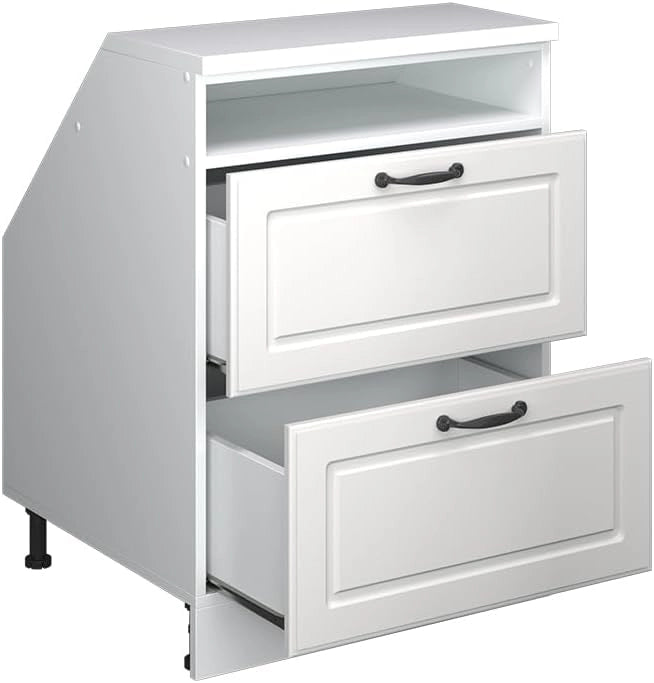 Mobile sottotetto Rion, Bianco casa di campagna, 60 x 81.6 cm con 2 cassetti, carcassa 60 cm profondità, adatto per il salvaspazio sotto tetti spioventi