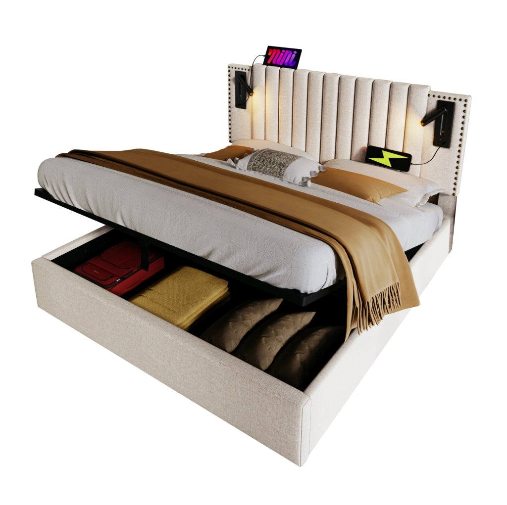 Letto matrimoniale contenitore 180x200 cm in cotone beige con testiera regolabile; luce lettura e porte USB