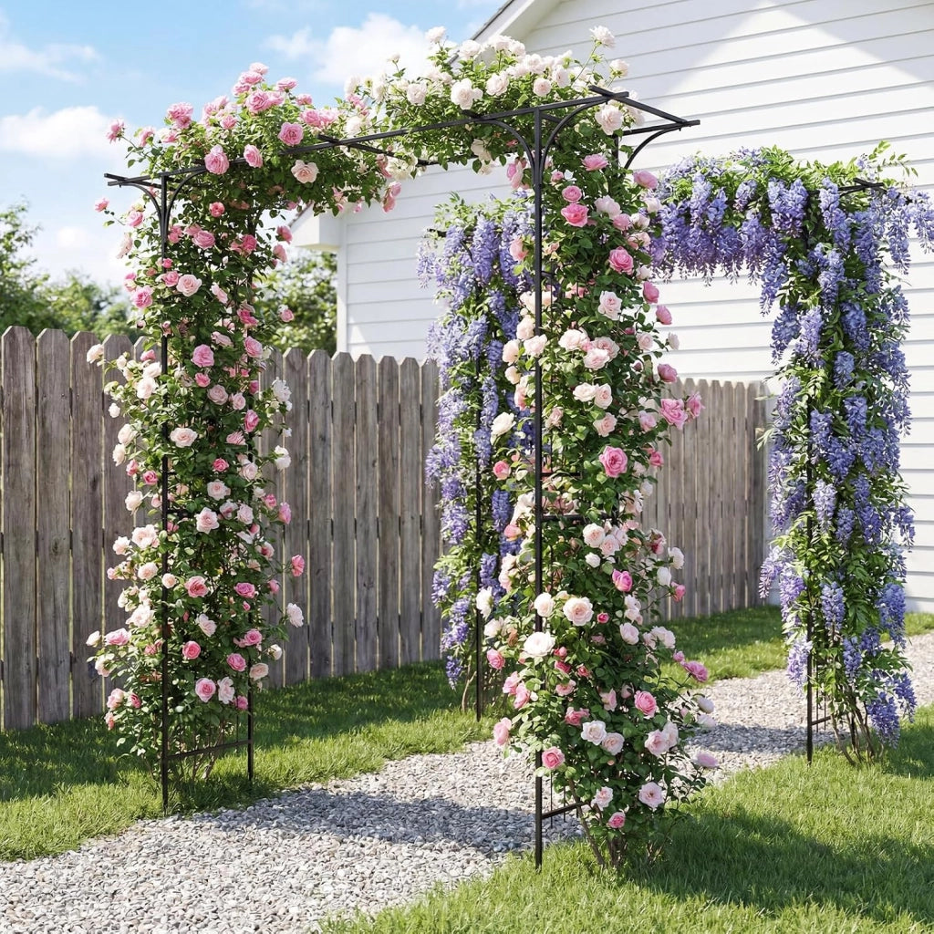 Arco da Giardino, Traliccio ad Arco per Rampicanti, 206x40,5x215 cm | Pergolato da Esterno in Metallo con Tetto Piatto e Elegante Motivo a Traforo per Matrimonio e Festa