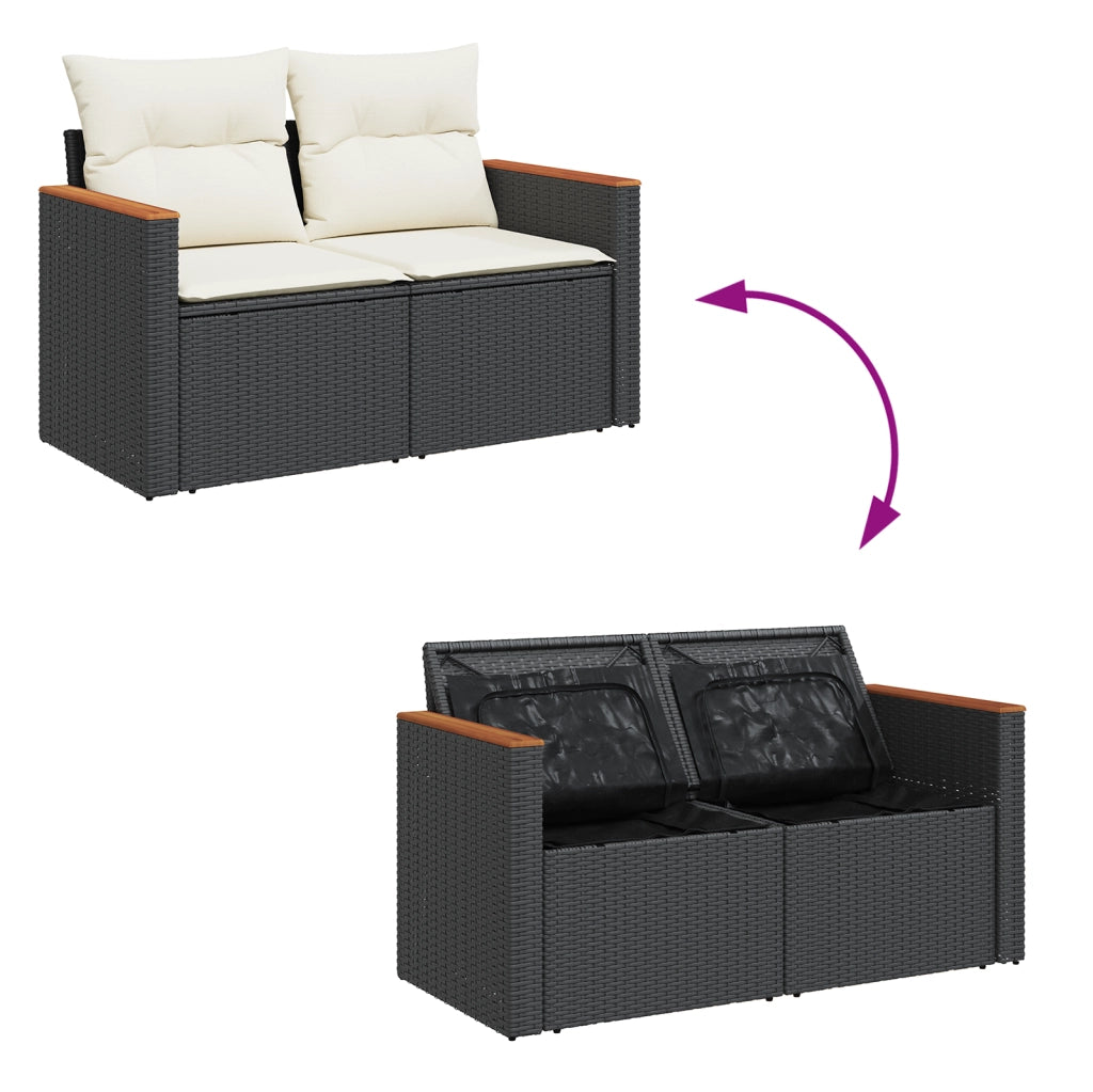 Set di Divani da Giardino da 14 Pezzi con Cuscini Nero Polyrattan Acacia