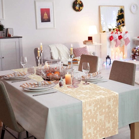 Tavolo da pranzo beige in tessuto moderno con disegno di cervo, decorazione da tavola per sala da pranzo e cucina - resistente al calore e alla sporcizia - 183 x 35 cm, 60 x 140 cm.
