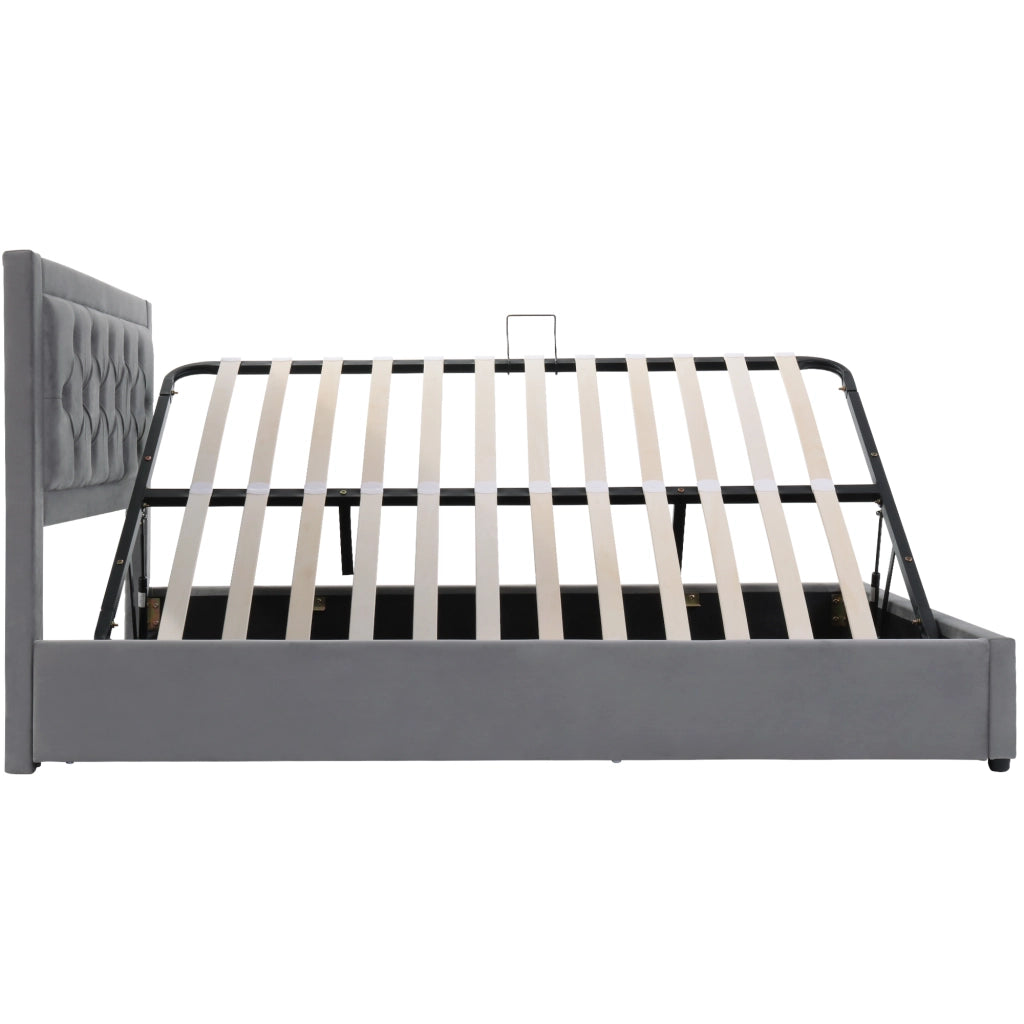 Letto imbottito con contenitore laterale, struttura in acciaio, rivestimento in velluto grigio, 140x200 cm