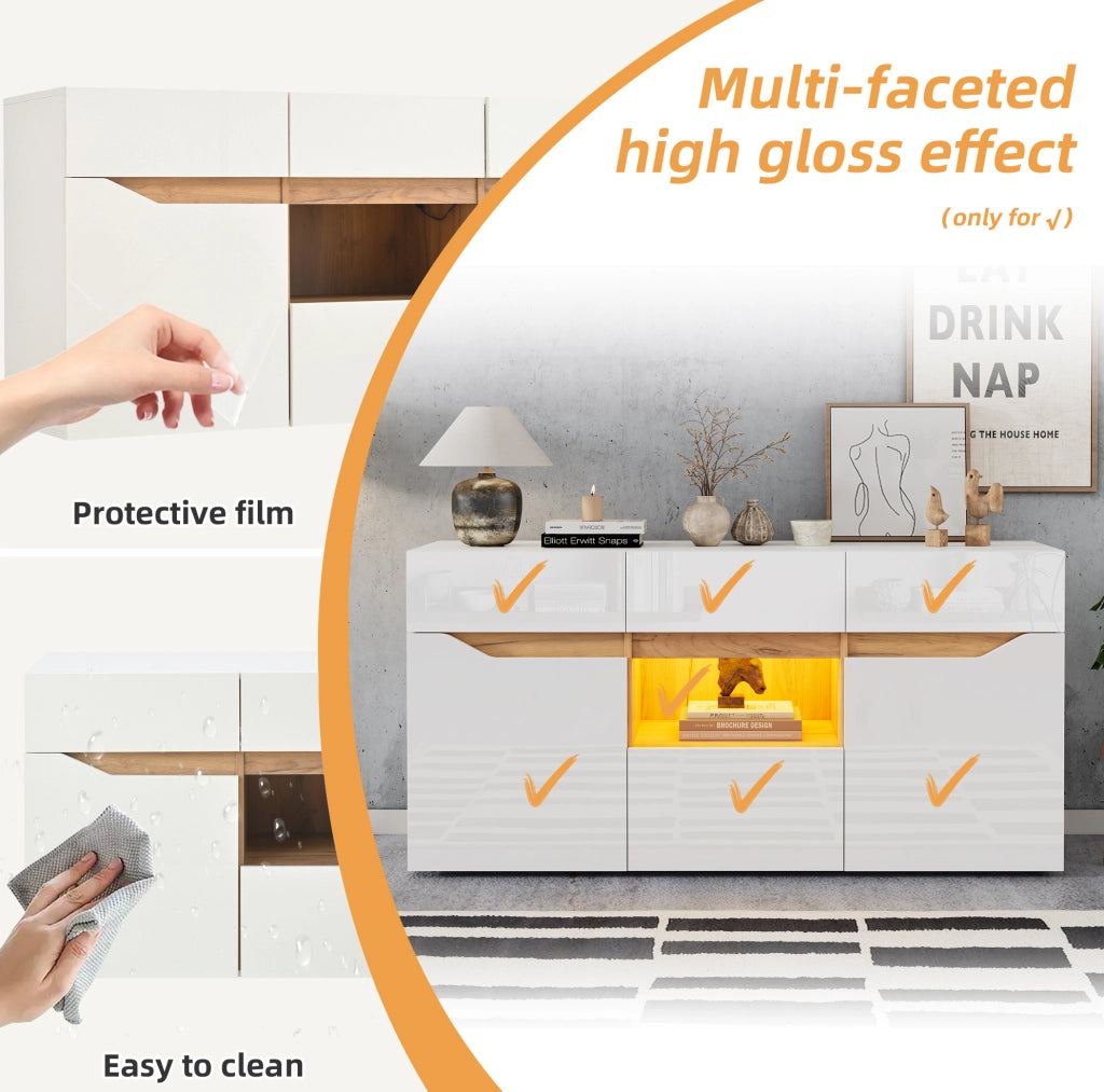 Credenza LED bianca e legno, 4 cassetti e 2 vani