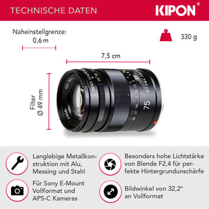 Kipon Obiettivo full frame Iberit 75 mm F2,4 – compatibile con Sony E – Obiettivo fotografico con cinque lunghezze focali, 24-90 mm, sensori APS-C, corpo robusto