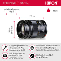 Kipon Obiettivo full frame Iberit 75 mm F2,4 – compatibile con Sony E – Obiettivo fotografico con cinque lunghezze focali, 24-90 mm, sensori APS-C, corpo robusto