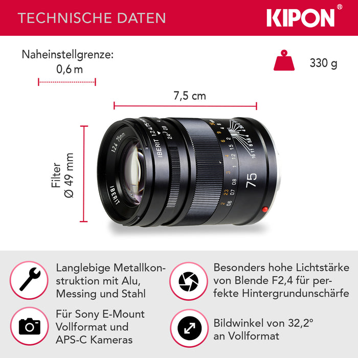 Kipon Obiettivo full frame Iberit 75 mm F2,4 – compatibile con Sony E – Obiettivo fotografico con cinque lunghezze focali, 24-90 mm, sensori APS-C, corpo robusto