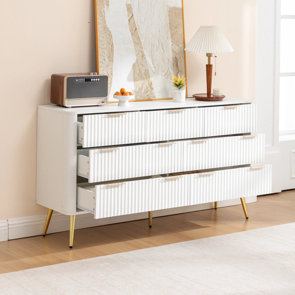Settimanale con 7 cassetti e chiusura ammortizzata, maniglie in metallo, per ingresso, in MDF bianco, 145 × 40 × 80 cm