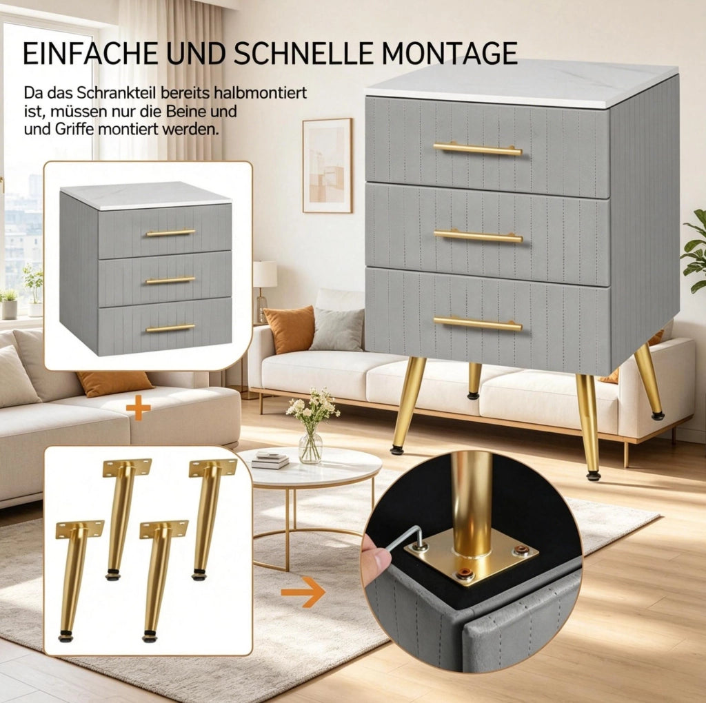 Comodino in velluto con 3 cassetti, MDF e gambe dorate, grigio 40,5 x 41 x 62 cm