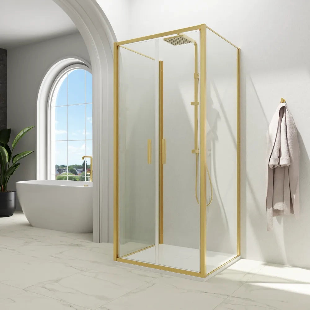 Box doccia 3 lati 90x75x90cm con porta saloon profili oro spazzolato vetro 6mm trasparente anticalcare h190| Portofino