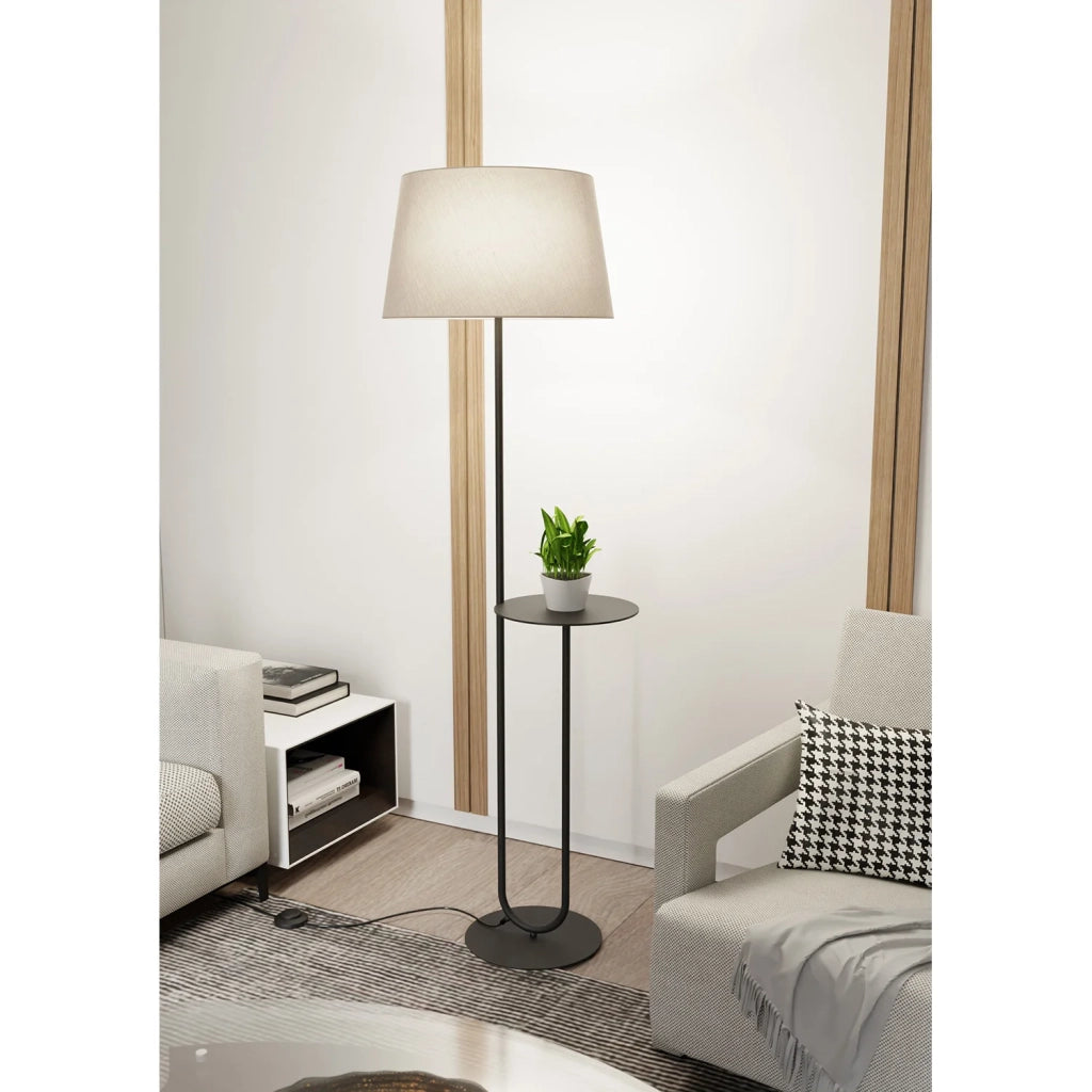 Piantana 1 Luce Horus Paralume In Tessuto Beige Con Mensola In Acciaio Nero