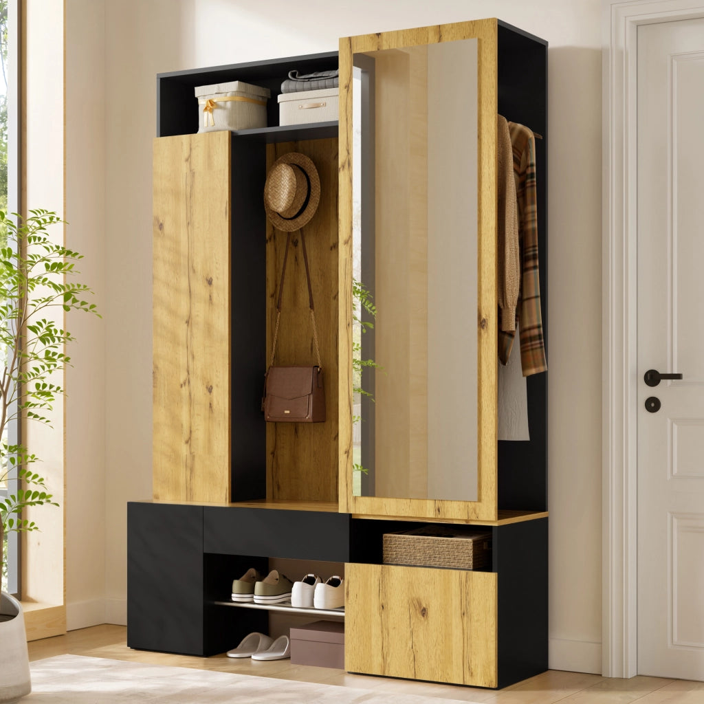 Guardaroba in MDF con specchio, scarpiera, mobile ingresso, appendiabiti con asta e ganci