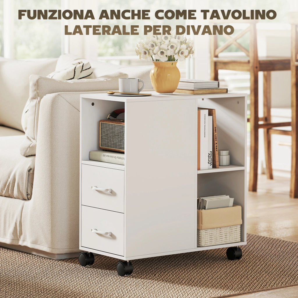 Tavolino con ruote e cassetti ¨C zephmum ¨C legno, bianco, 60x30x65 cm