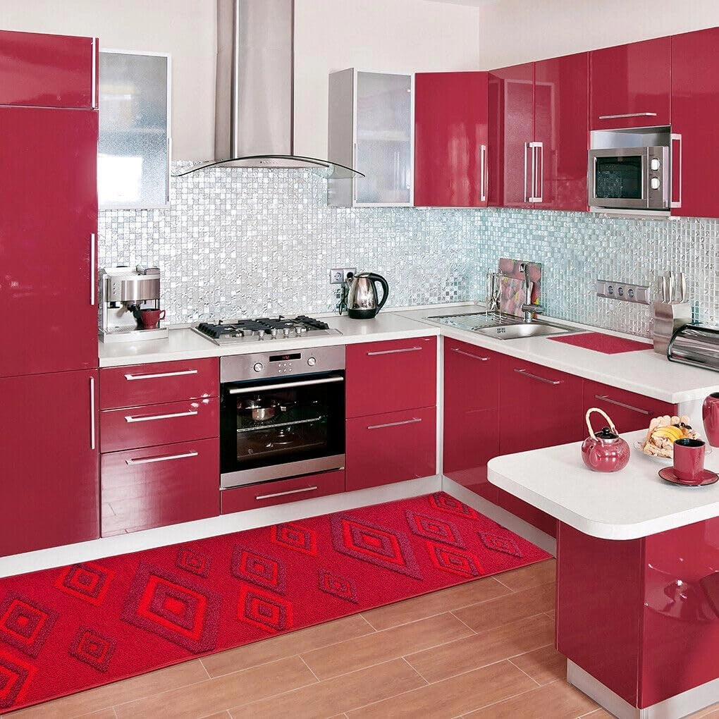 Tappeto Cucina Rombi .3D 50x135 Cm Assorbente Morbido Moderno Antiscivolo Bordeaux