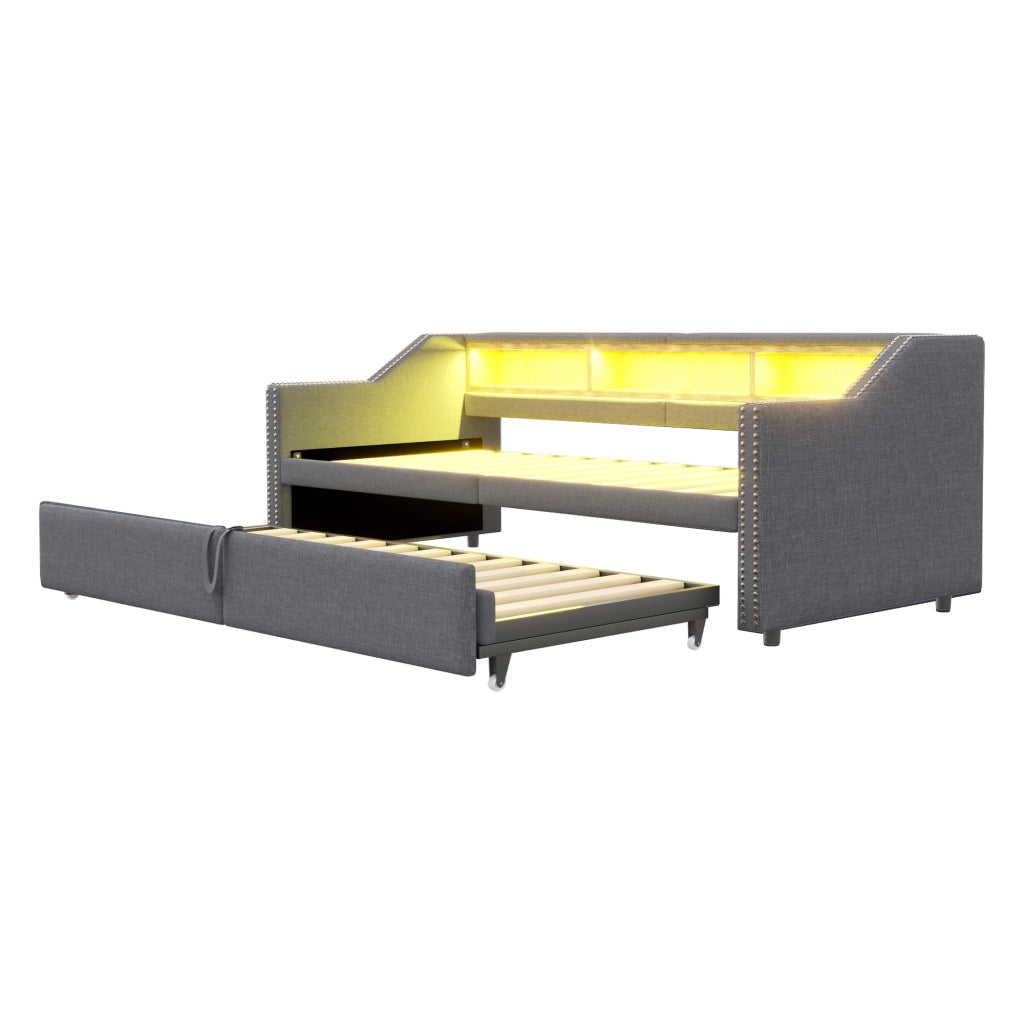 Divano letto imbottito estraibile 90/180x200 cm con LED; USB e ripiani; grigio scuro