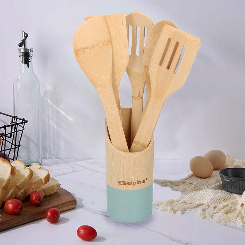 Set 6 Utensili da Cucina in Bambù Lunghezza 30 cm Antigraffio Colori Assortiti