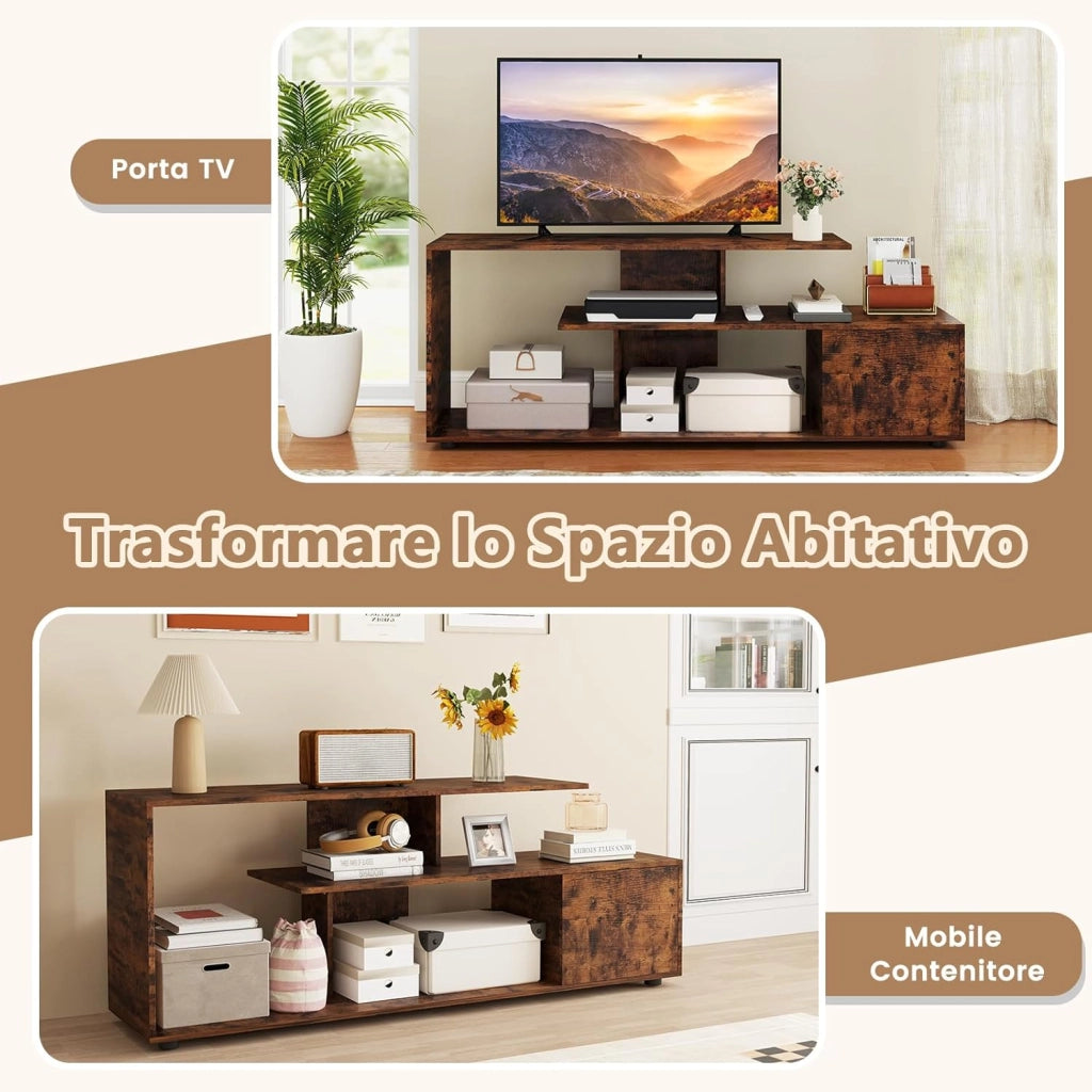 Mobile Porta TV, per TV Fino a 55'', Console Media a 3 Ripiani Asimmetrici con Ripiani di Stoccaggio e Armadietto, Mobile TV con Cassetto, 5 Gambe di Supporto (Industriale)