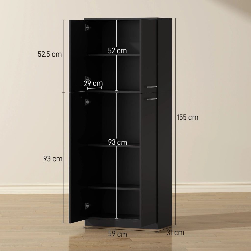 Mobile Contenitore Minimal con 2 Armadietti e Mensole Regolabili, in Legno Nero, 59x31x155 cm