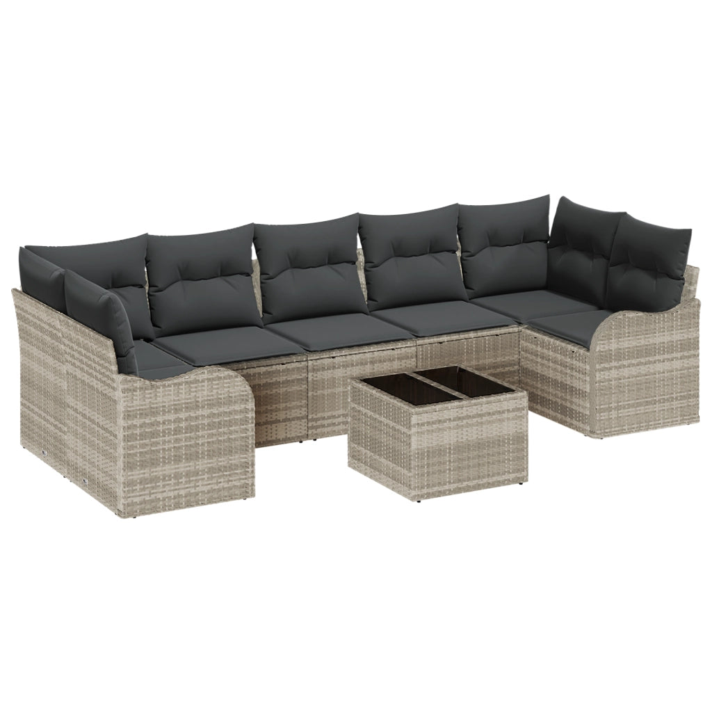 Set divano da giardino  8 pezzi con cuscini grigio chiaro in polyrattan