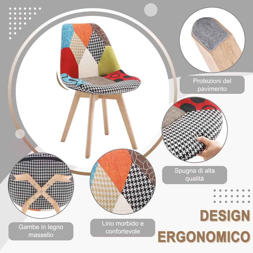 Set di 2 sedie da pranzo Sedia da Scrivania con Schienale Rivestito in Tessuto di Lino Patchwork Gambe Legno Moderno BH29mf-2
