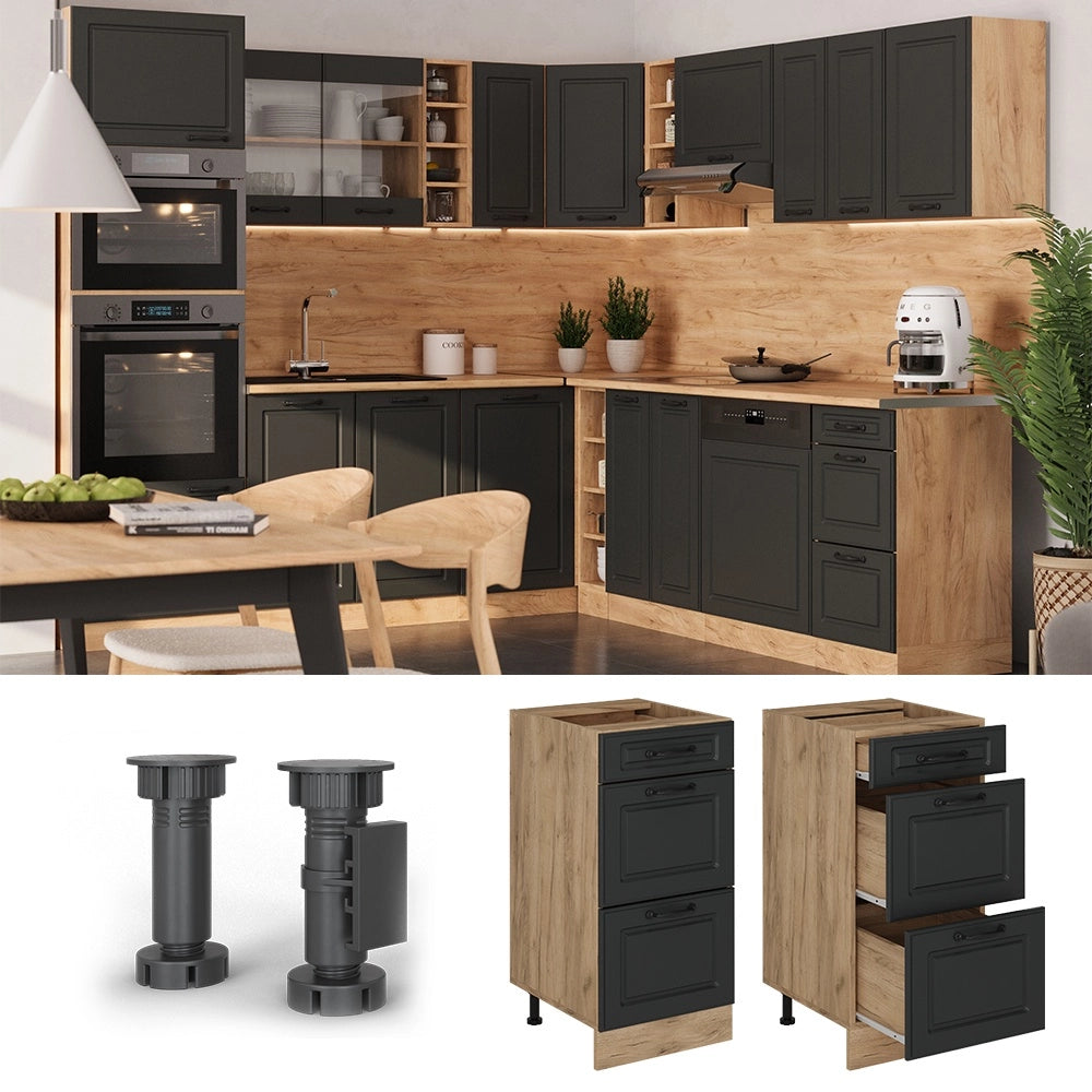 Mobiletto base per cucina R-Line Antracite rustico/Rovere dorato 40 cm con cassetti, senza piano di lavoro Vicco