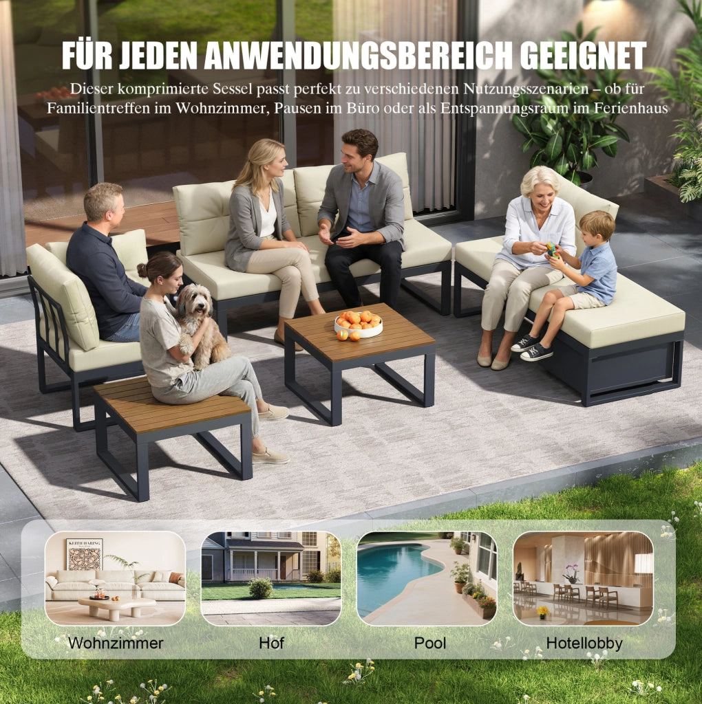 Set divano da esterno modulare beige con schienale regolabile e contenitore