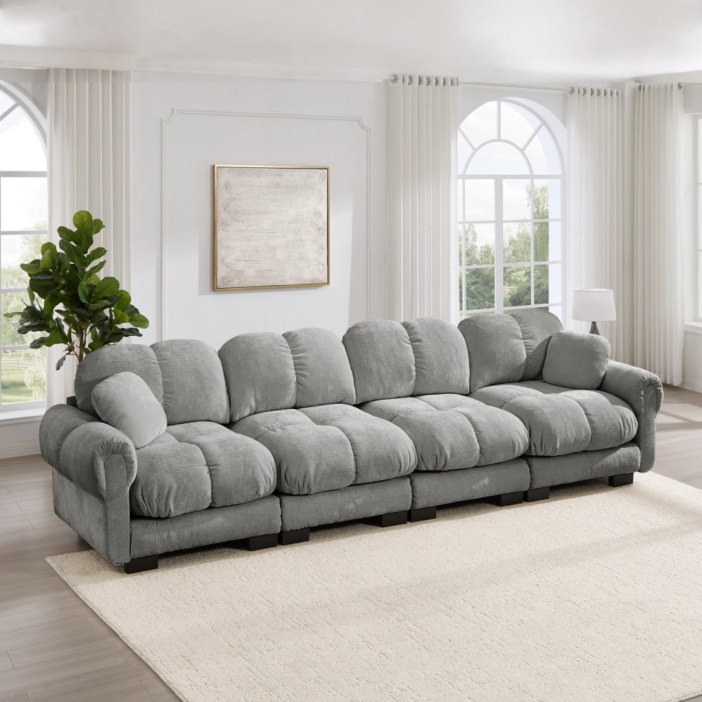 Divano modulare con seduta trapuntata schienale curvo e cuscino mobile in chenille grigio chiaro 330 × 86 × 90 cm