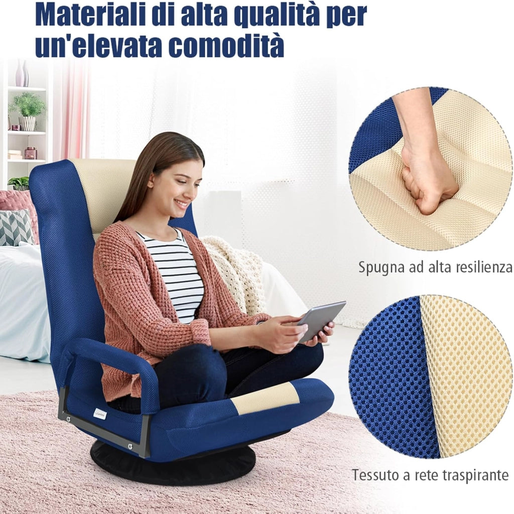 Sedia da Pavimento Pieghevole, Poltrona Sedia da Yoga per Meditazione, Portatile Inclinabile Girevole, da Salotto Camera da Letto (Blu)