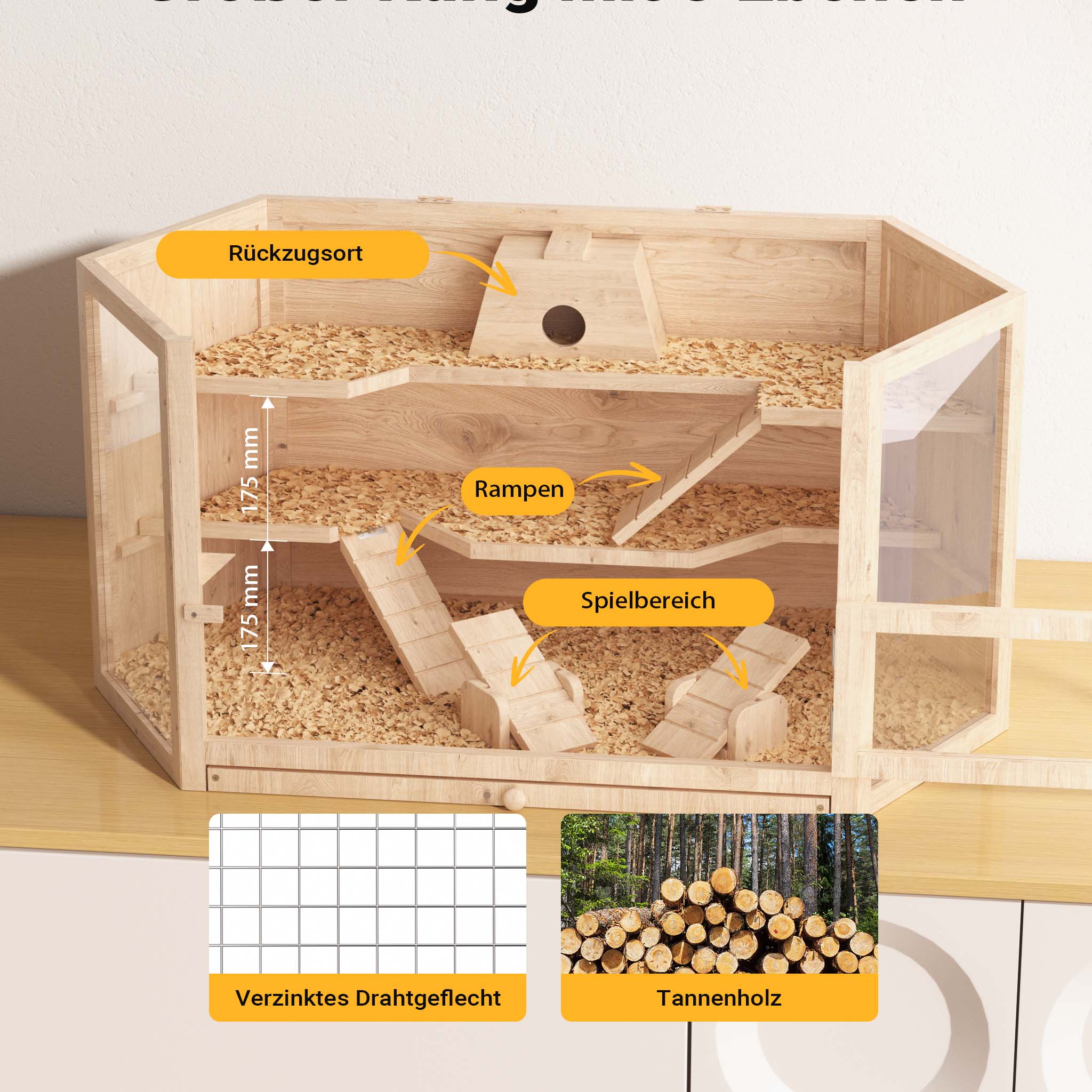 Gabbia per roditori a 3 livelli con tetto apribile 115x60x58cm legno e plexiglas