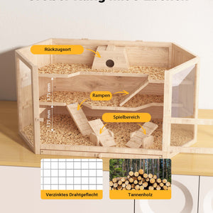 Gabbia per roditori a 3 livelli con tetto apribile 115x60x58cm legno e plexiglas