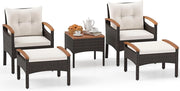 Set Salotto da Giardino in Rattan da 5 Pezzi, Set in Vimini per Esterni con Cuscini per Sedili e Schienale, Comodo Tavolino e 2 Ottomane, per Giardino Cortile Piscina (Bianco)