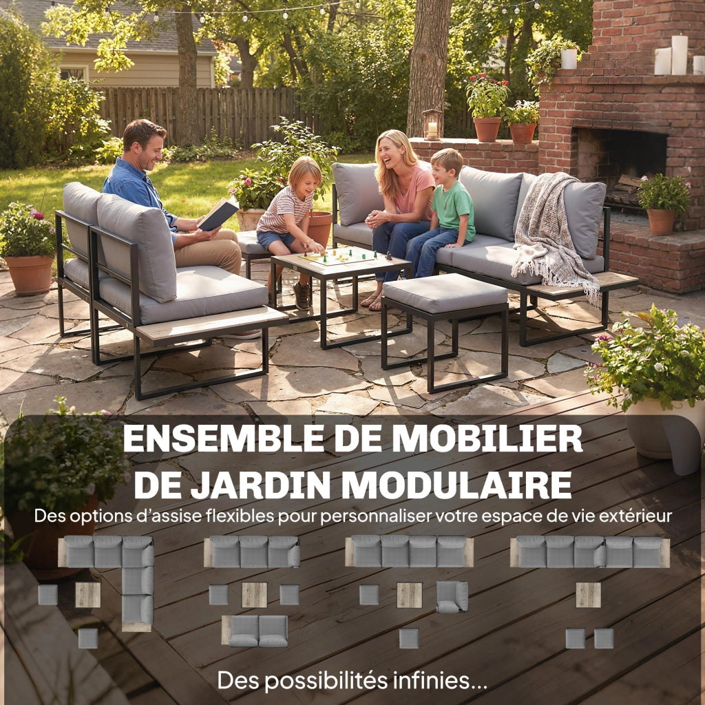 Set da giardino 6 posti con tavolo e divano modulabile ¨C zephmum ¨C cuscini grigi 10cm, legno