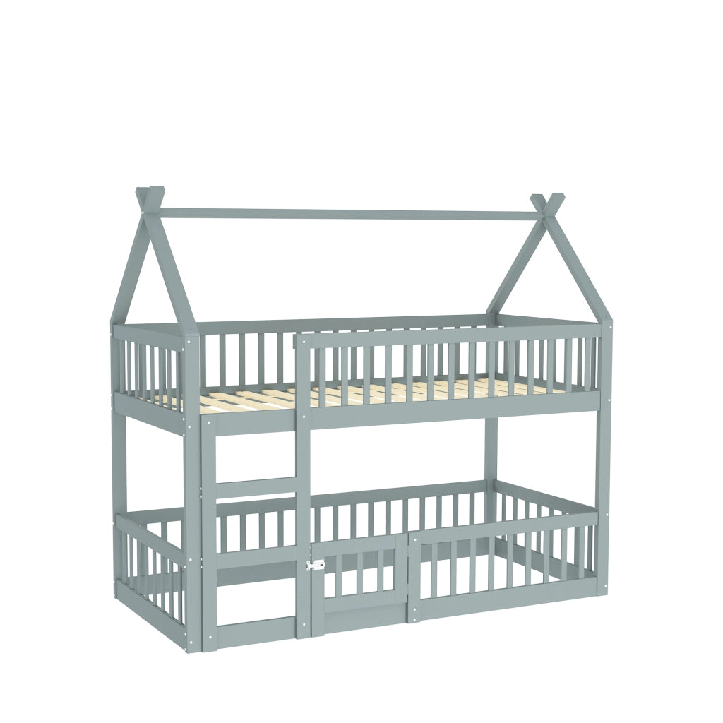 OKWISH Letto a Castello 90×200 cm, Letto Singolo con Scala, Sponde Alte e Porta Apribile, senza Materasso, in Legno, Grigio