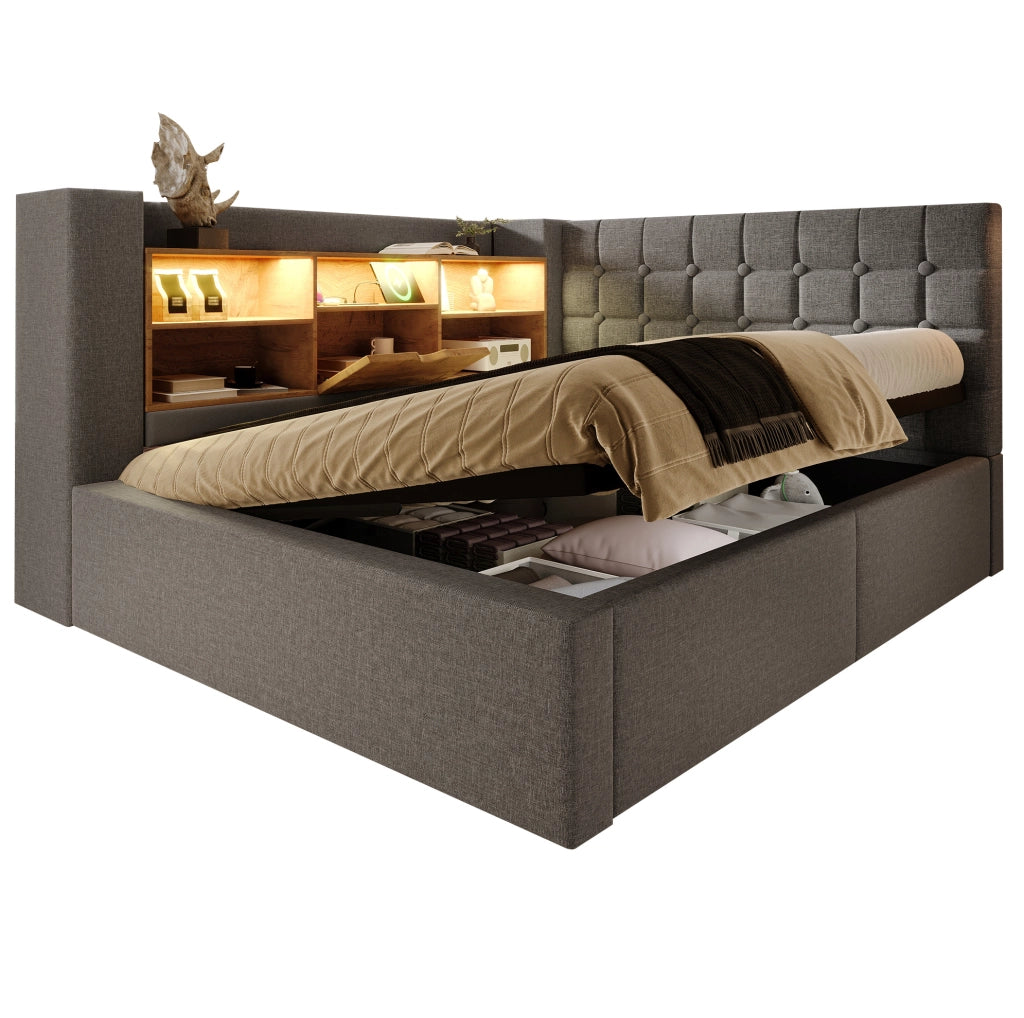 Letto matrimoniale 140x200 cm con contenitore; LED e prese di ricarica; in lino grigio; con materasso
