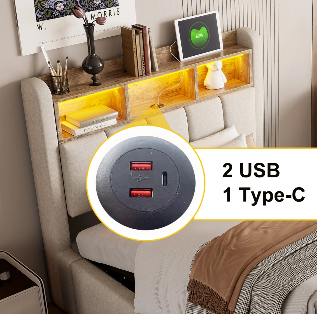 Letto imbottito 90x200 cm in lino beige con luce LED, porta USB e contenitore idraulico
