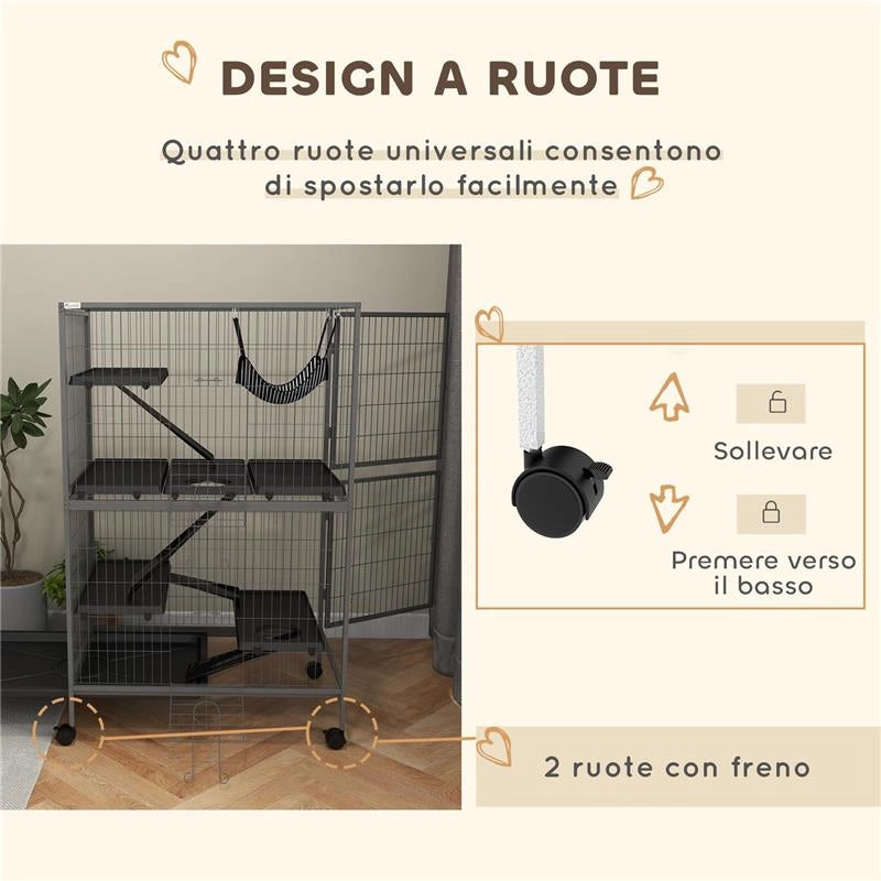 GABBIA PER RODITORI CON 4 INGRESSI A LIVELLI MULTIPLI CON AMACA, IN METALLO E PP, 80X52X128 CM, ARGENTO E GRIGIO
