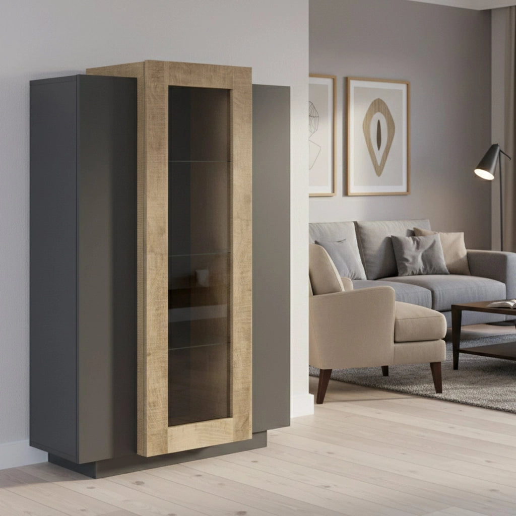 Vetrina Ablaze, Credenza con tre ante, Mobile da soggiorno multiuso, 100% Made in Italy, cm 80x38h121, Antracite e Acero