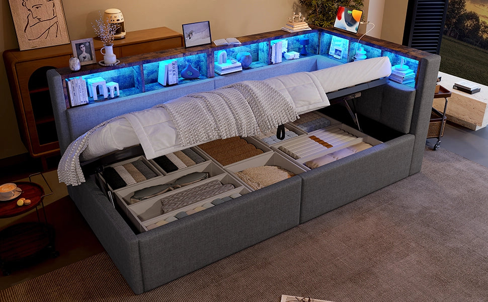 DESMIU Divano letto 90 × 200 cm 1 posto con USB, Type-C, LED regolabile, vano idraulico, senza materasso, grigio