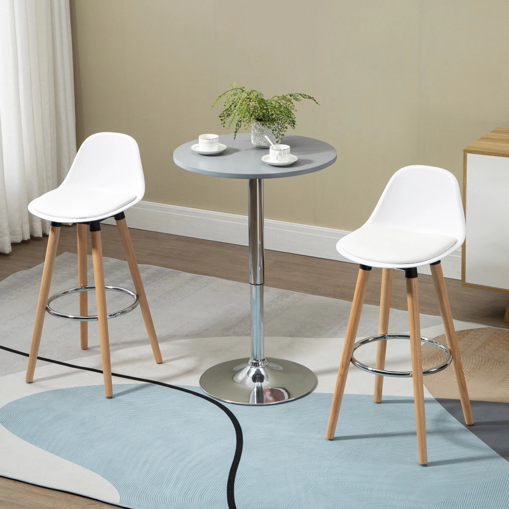 Set 2 Sgabelli da Bar Stile Nordico con Schienale. Cuscino e Poggiapiedi. Legno e Plastica. Bianco