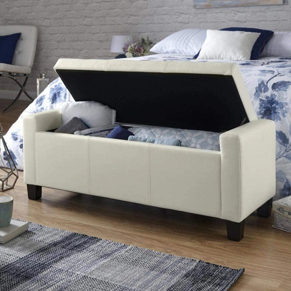Cassapanca Pouf Contenitore Panca Fondoletto 110x40x40 cm in Legno e Eco Pelle Avorio