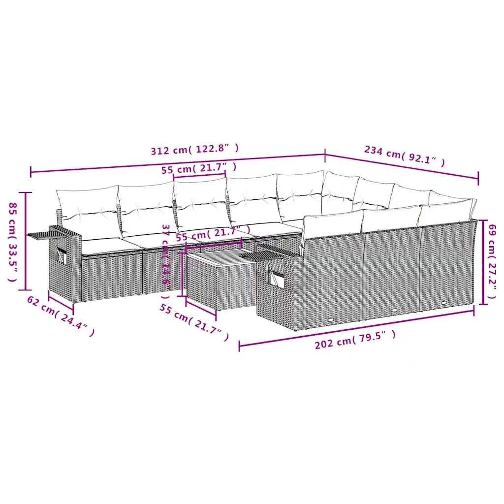 Set Divani da Giardino 11 pz con Cuscini Grigio in Polyrattan 3224745